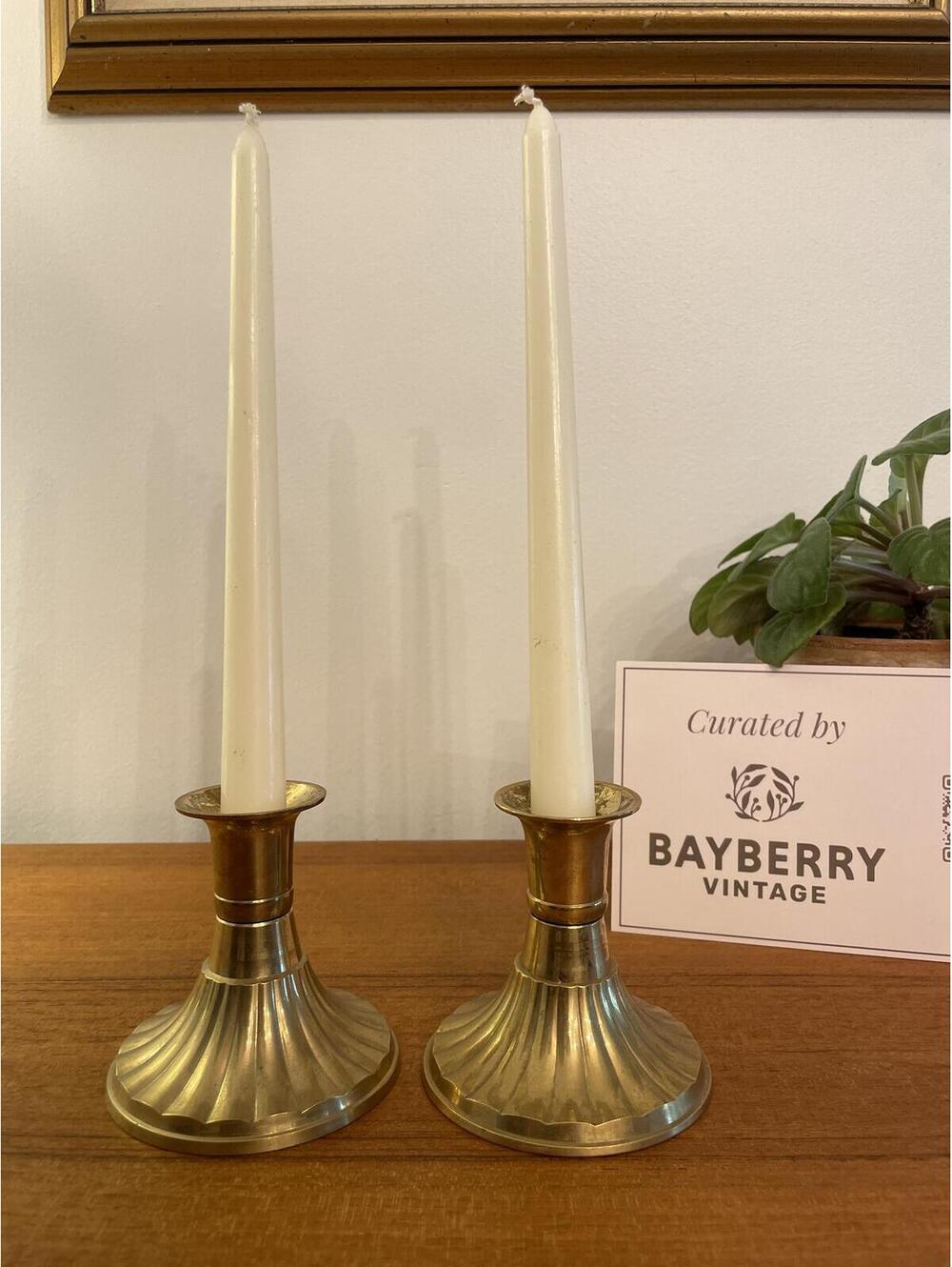 Pair Brass Taper Candlestick Holders Ribbed Fluted Base Vintage Set of 2